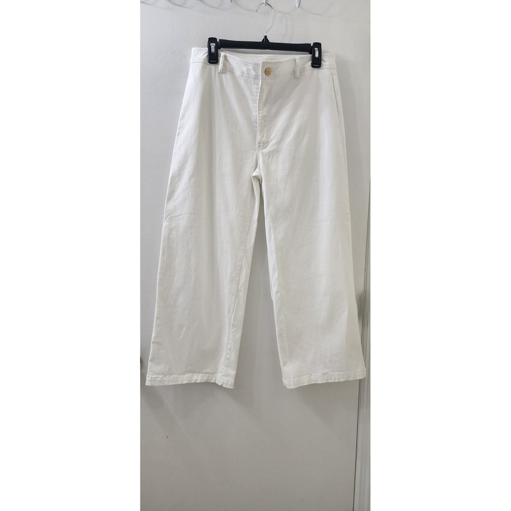 Bee You Women XL Off White High Rise Wide Leg Cropped Pants Stretch Gold Button